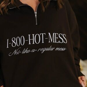 Chocolate brown Half-Zip Graphic Pullover Sweatshirt - 1-800-HOT-MESS